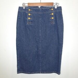 Lauren Ralph Lauren Denim Pencil Skirt Nautical Gold Button Cinch Back Size 6
